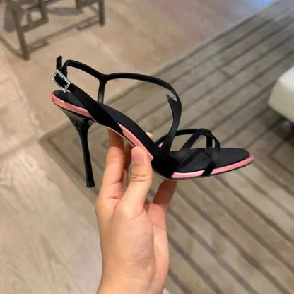 Women Satin Colorblock Stiletto High Heels Square Toe Rhinestone Buckle Ankle Strap Sandals Summer Party Prom Formal Dress Shoes
