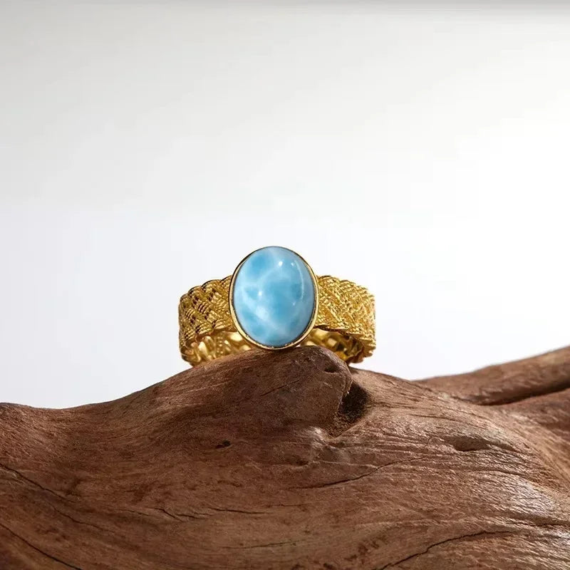 Original Certified 925 Silver Rings Larimar Natural Blue Stone 8*10MM oval shape twist Rings Fine Jewelry Gifts for Women Men