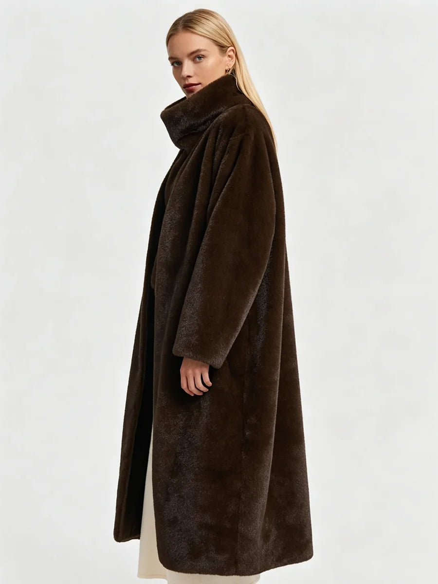 Women Open Front Faux Fur Long Coat Loose  Sleeve Plush Warm Winter Elegant Streetwear Ladies  Outerwear Jacket
