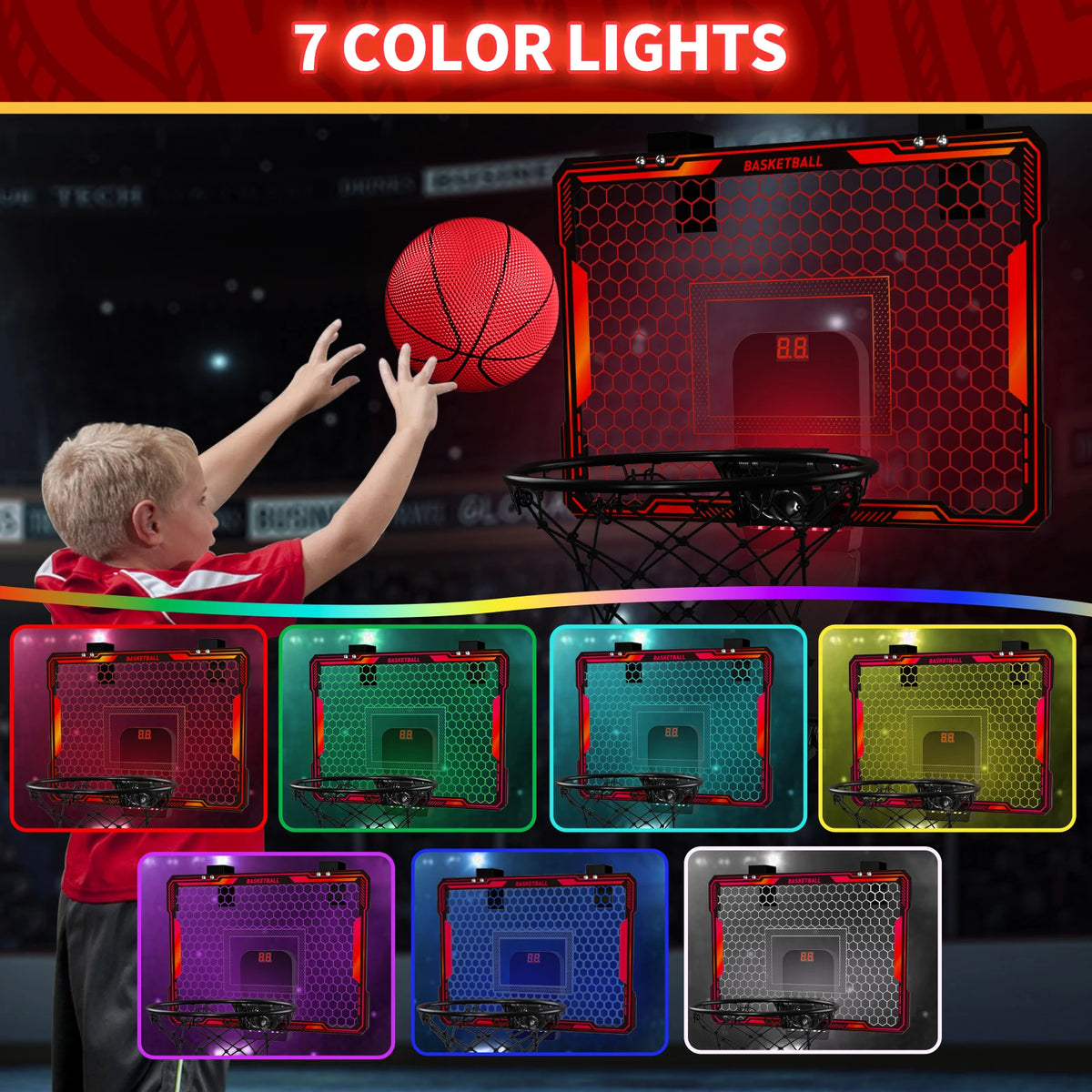 Mini Indoor Basketball Hoop with 7 LED Lights Scoreboard 3 Play Modes Adjustable Volume over Door Foldable for Kids Adults