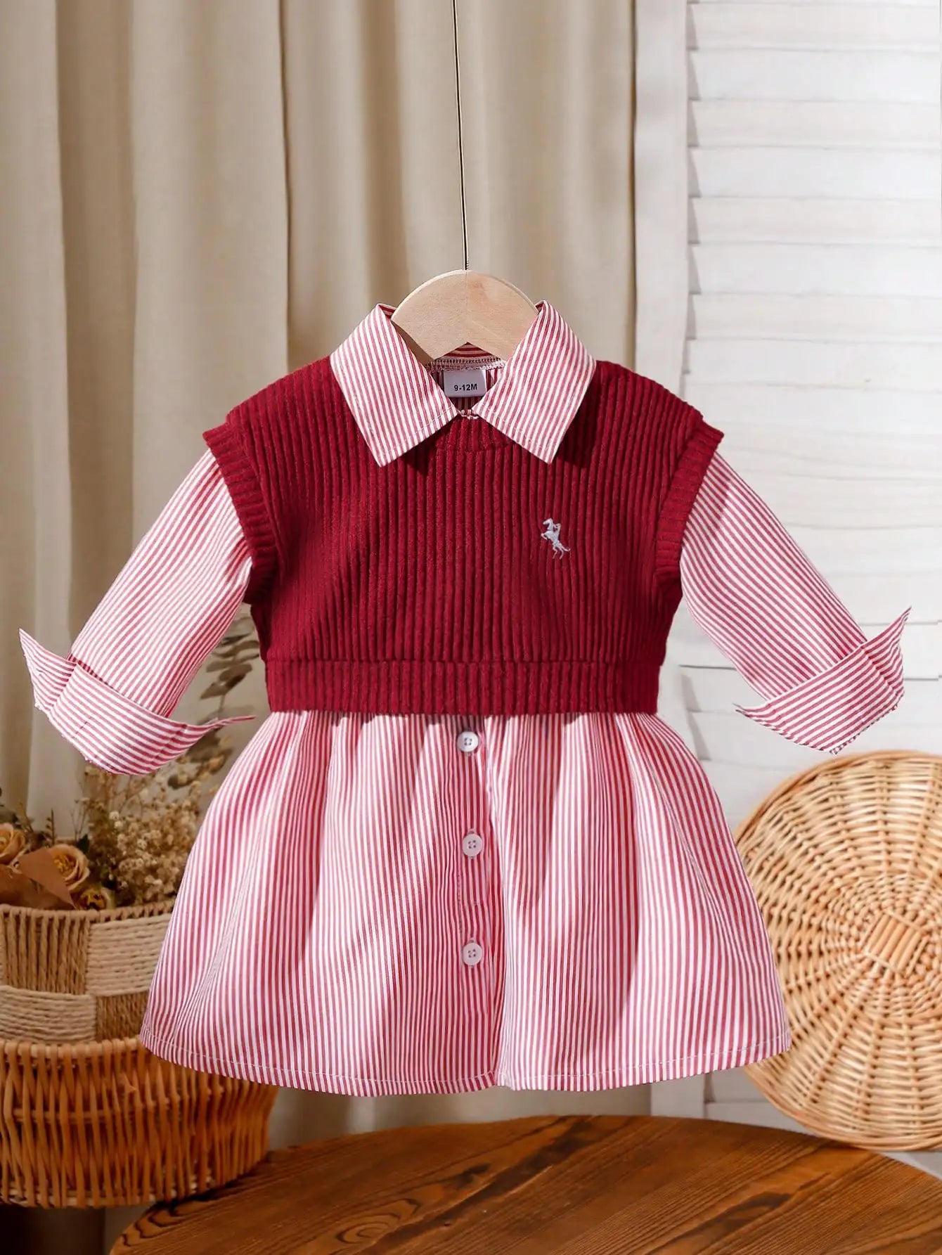 Two-piece baby girl embroidered vest and striped long-sleeved shirt dress for daily casual wear, versatile for spring and summer