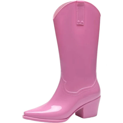 Women New Block Heel High Top Rain Boots Four Seasons Thick Sole Waterproof Non Slip Outdoor Fashionable High Heel Water Shoes