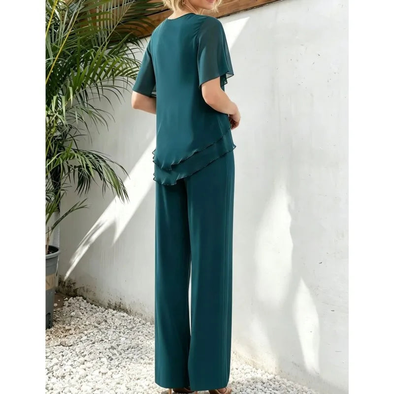 Women's Casual Pants Set Chiffon Breathable Solid Color Round Neck Short Sleeve Loose Irregular Top + Wide-leg Pants 2-piece Set