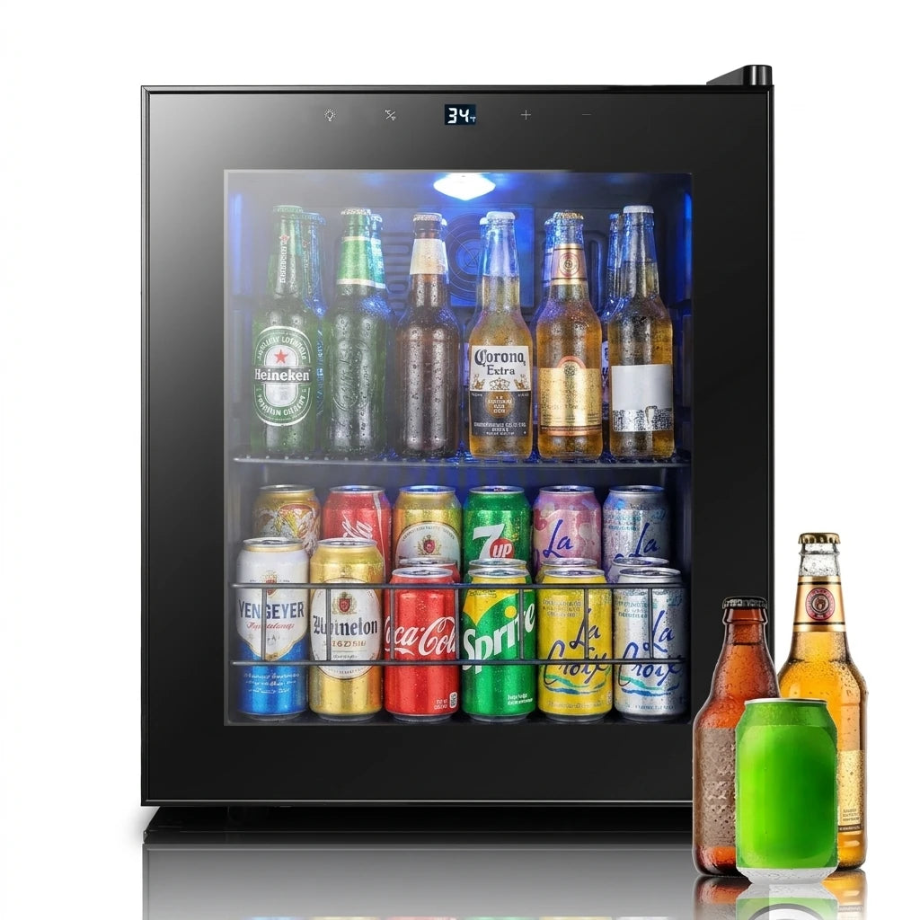 60 Cans Beverage Refrigerator 46L Mini Drink Cooler 1‑12℃ Electronic Temperature Control Glass Door Right Open For Home Bar Commercial Use