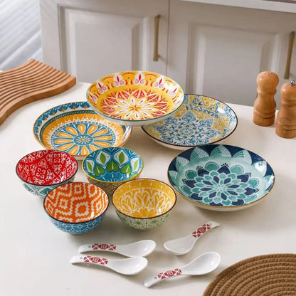 12-Piece Bohemian Dinnerware Set for 4 People, Household Plates Bowls Spoons, Oven/Microwave/Dishwasher Safe