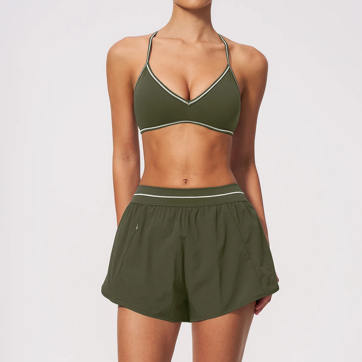 Women 2Pcs Activewear Set V Back Contrast Piping Shorts with Built in Liner and V Neck Crop Top for Gym Tennis Yoga Sportswear