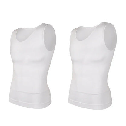 2 PCS Men Slimming Shapewear Sexy Body Shaper Posture Correct Vest Compression T-Shirt Body Building Fat Burning Chest Tummy Control Tank Top Sleeveless Under Shirt Breathable Soft Waist Trainer Round Neck Underwear