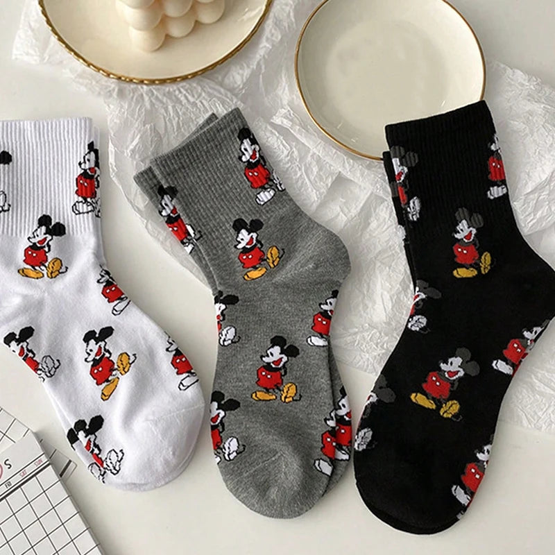 3 Pairs of Exquisite Japanese Cartoon Anime Mickey Pattern Women's Mid Tube Socks Soft and Comfortable Outdoor Casual Socks