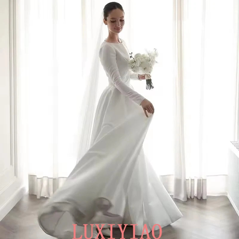 White A-Line Long Wedding Dresses Simple O-Neck Long Sleeve Bride Dress 2025 Boho Beach Wedding Prom Gowns Customized