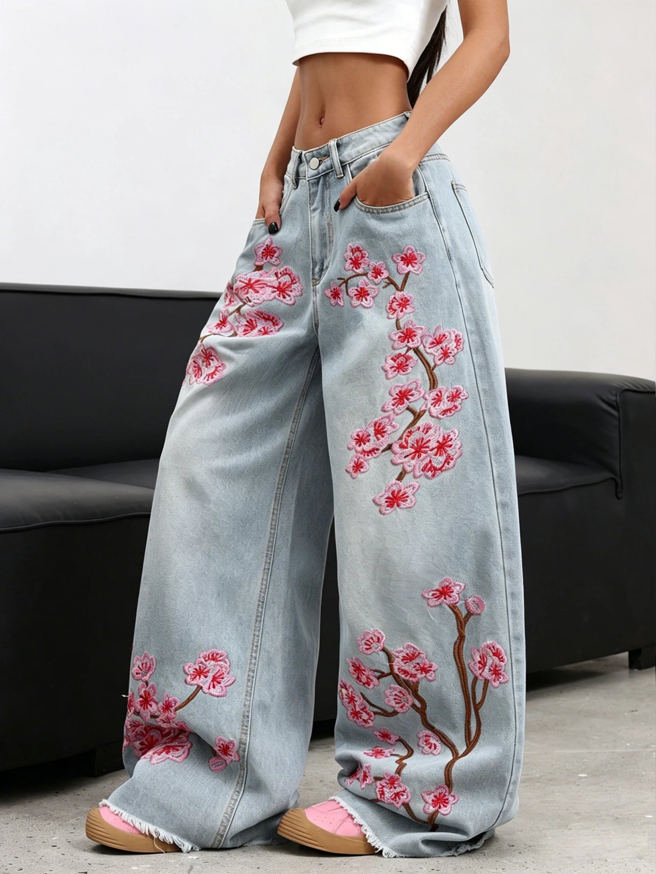 American Retro Plum Blossom Embroidery Design Blue Women's Loose Wide-Leg Jeans Y2K Street Fashion Versatile Straight Trousers
