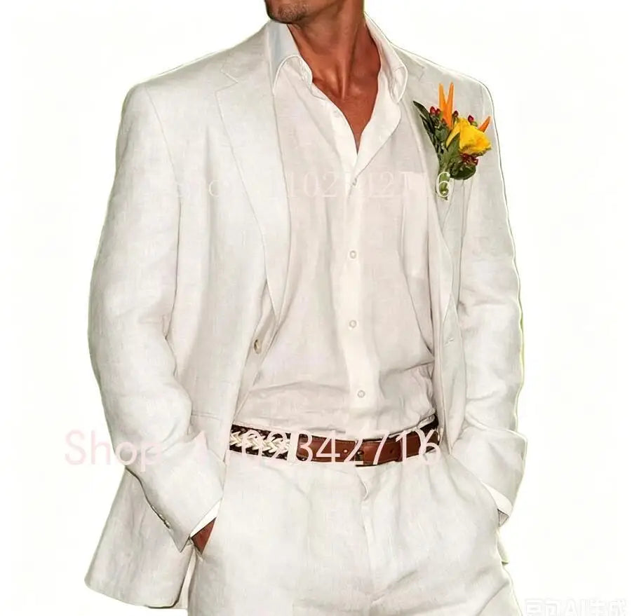 Beige Linen Men Suits 2 Pieces Beach Wedding American Style Jacket with Pants Formal Groom Tuxedos Male Suits (Blazer+Pants)
