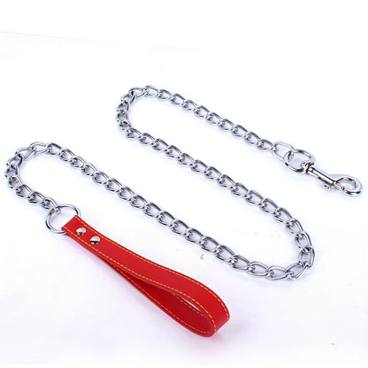1pc-120cm Anti Bite Dog Chain Leather Handle Chain Durable Metal Anti Chewing Training Dog Leather