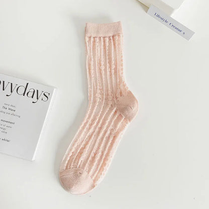 Transparent Crystal Silk Socks Women Fashion Ultra-thin Summer Harajuku Crew Socks Flower Streetwear Elastic Long Mesh Socks