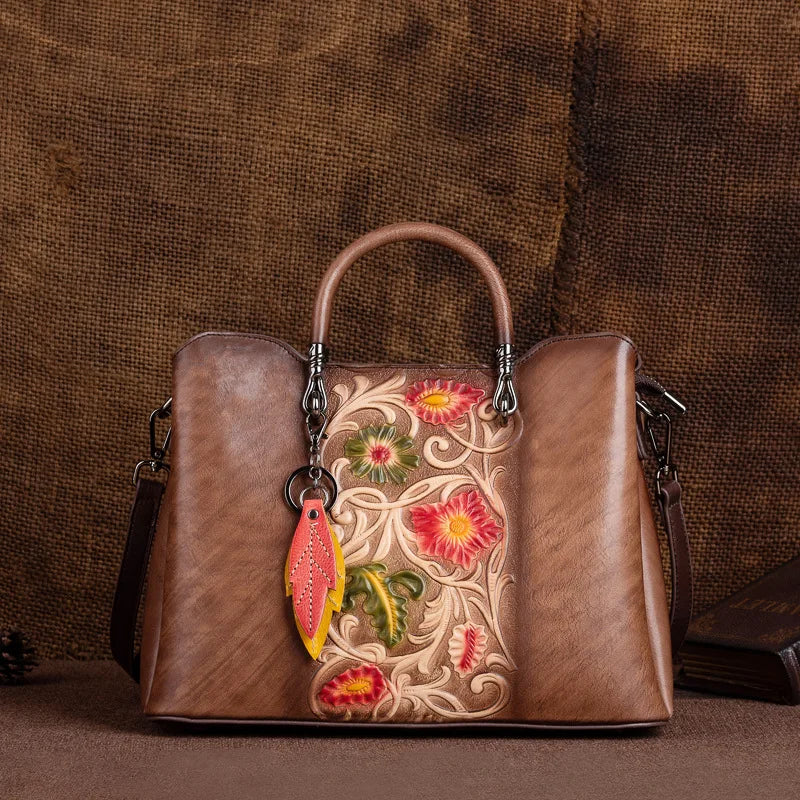 Vegetable-tanned genuine leather women's handbag, hand-embossed and colored crossbody bag, high-end single-shoulder bag