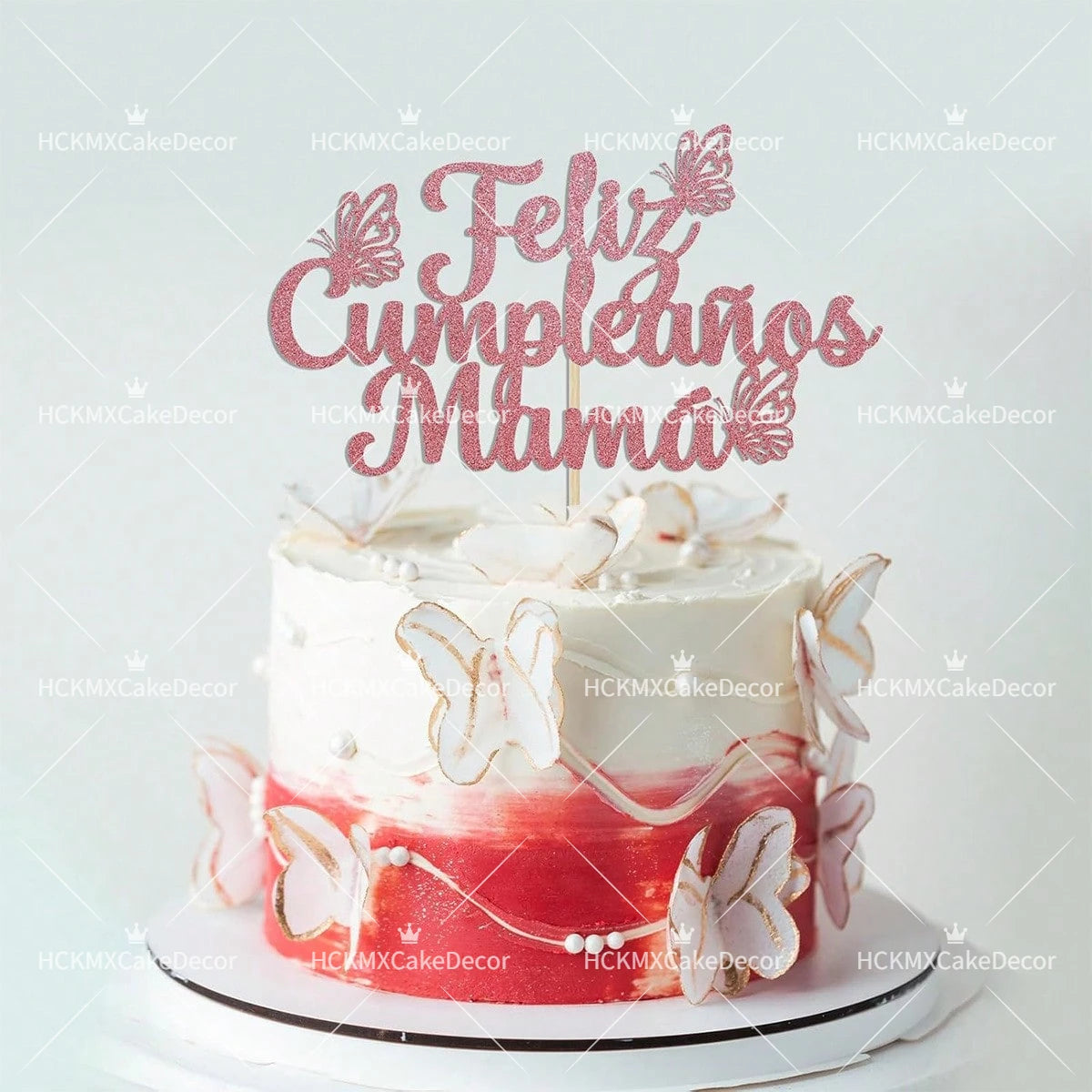3pcs Feliz Cumpleanos Mama Cake Topper Pink Glitter Spanish Birthday Cake Decoration with Butterflies