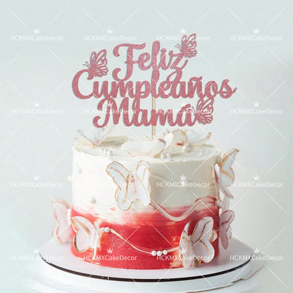 3pcs Feliz Cumpleanos Mama Cake Topper Pink Glitter Spanish Birthday Cake Decoration with Butterflies