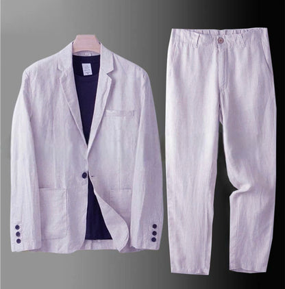 Cotton Linen Men's 2‑Piece Suit Lightweight Slim Fit Breathable Casual Suit Set for Office Wedding Sun Protection
