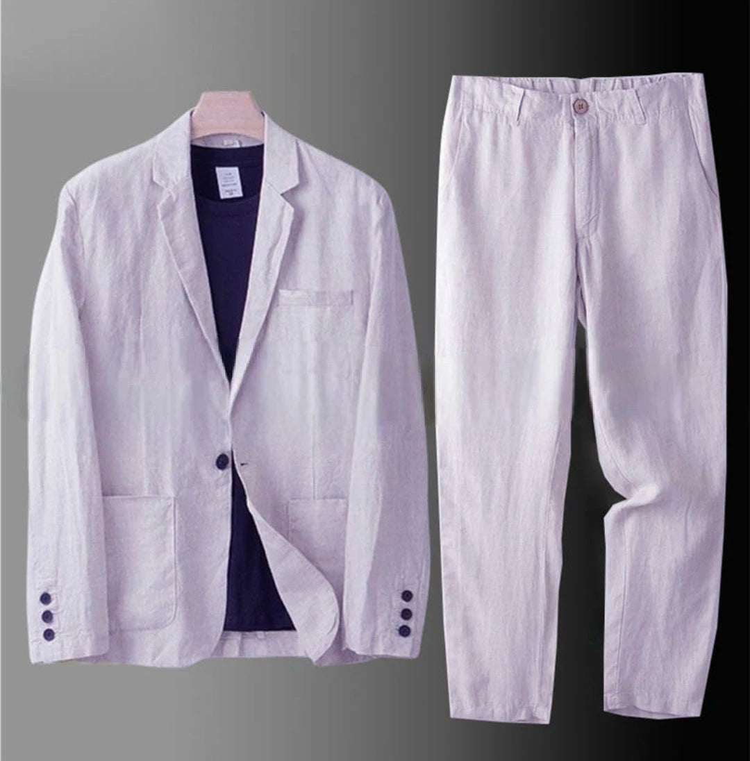 Cotton Linen Men's 2‑Piece Suit Lightweight Slim Fit Breathable Casual Suit Set for Office Wedding Sun Protection