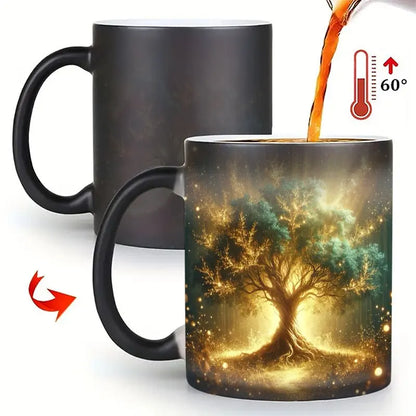 A color-changing magic cup, thermal response ceramic coffee cup, when filled with hot liquid, will appear glowing tree of life