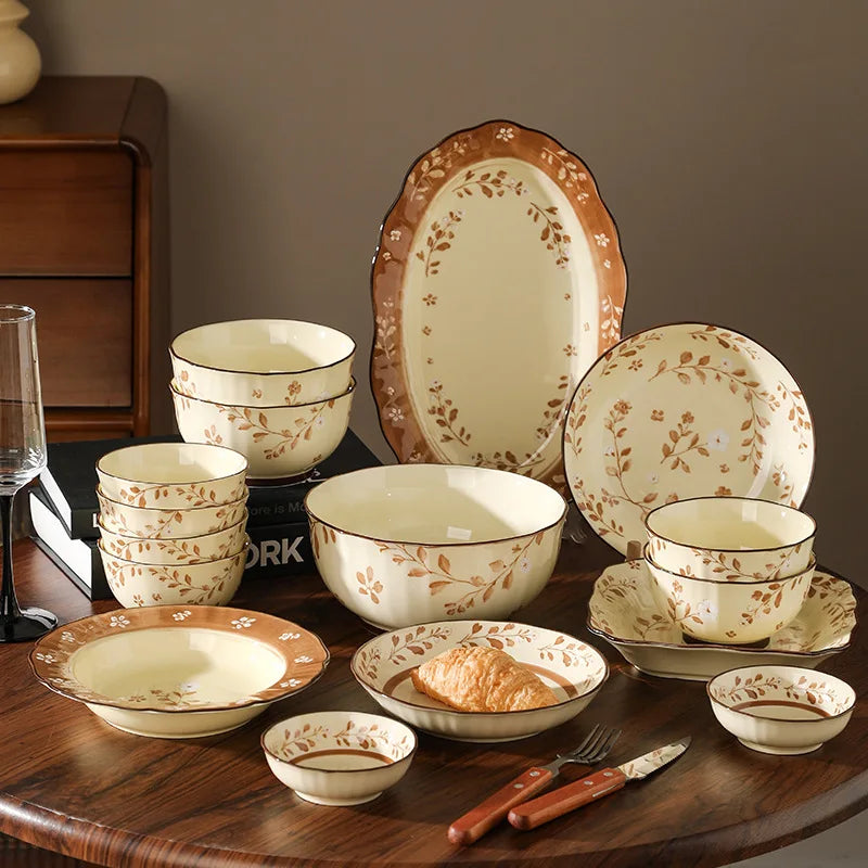 Household Retro Underglaze‑Color Ceramic Dinnerware Set Stylish Rice Soup Bowls Plates Combo Set for Daily Home Dining Tableware