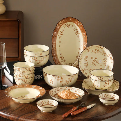 Household Retro Underglaze‑Color Ceramic Dinnerware Set Stylish Rice Soup Bowls Plates Combo Set for Daily Home Dining Tableware