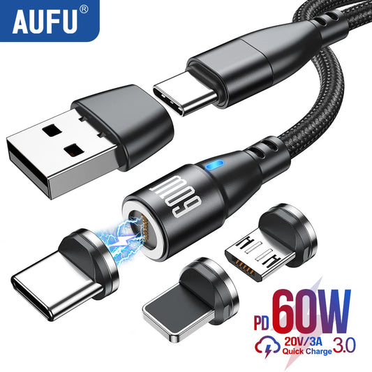 AUFU 60W Magnetic Cable Fast Charging For Mobile Phone Magnet Charger Wire Cord Micro Type C Cable For iPhone 15 Samsung Macbook