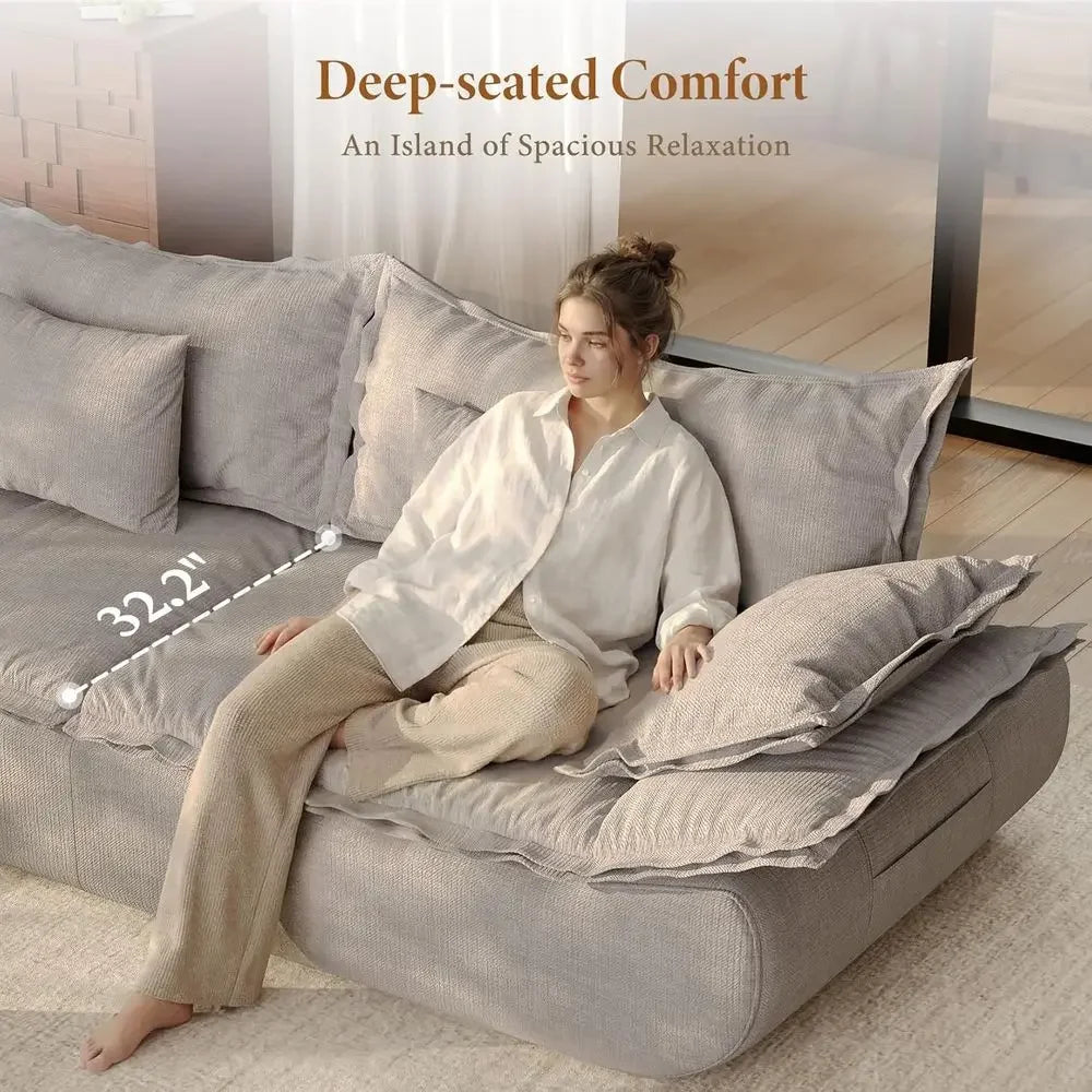 86.6 3-Seat Sailboat-Inspired Deep Seating Sofa with Chenille Upholstery, Curved Armrests, Light Grey, Ready to Use