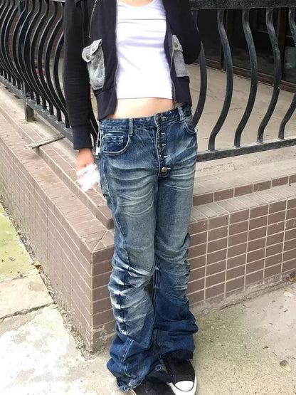 2026 Ropa Y2K Fashion Button Fly Washed Blue Slim Pleated Jeans Pants For Women Clothing Streetwear Vintage Lady Denim Trousers