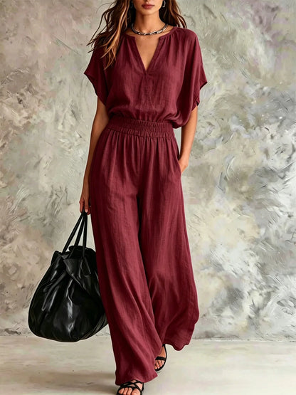 Women Casual Cotton Linen 2 Piece Outfit Summer Loose V Neck Short Sleeve Top Elastic High Waist Wide Leg Pants Set With Pockets