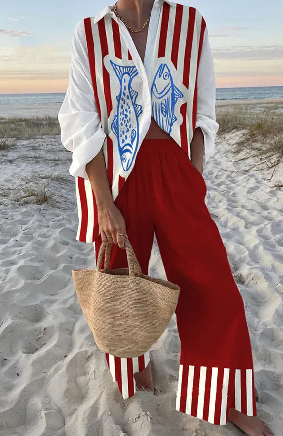 Fashion Print Beach Holiday 2-Piece Set Women Spring Summer Long Sleeve Shirt Top + Wide Legs Women's Oversized Two-Piece Outfit