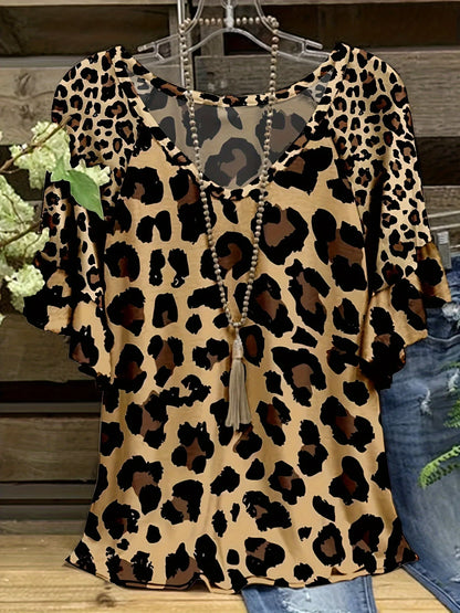 Plus Size Leopard Print T-Shirt Casual Short Sleeve Top For Spring & Summer Women's Plus Size Clothing