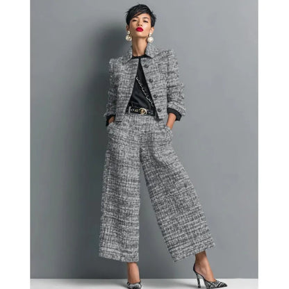 Women's Elegant Short Jackets With Wide Leg Pants Two Pieces Sets Winter New Stand Neck Button Coats Casual Autumn 2026 Outfits