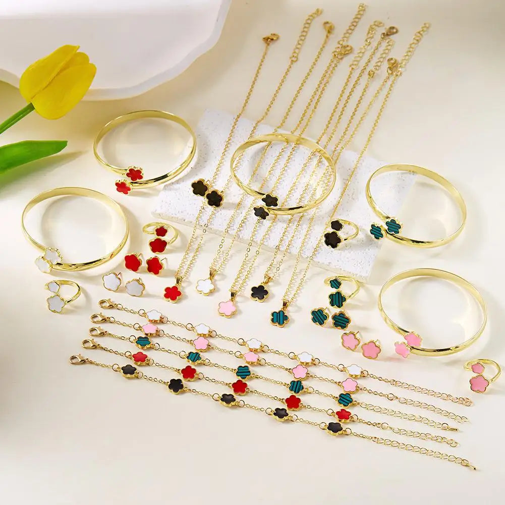 5 Pcs Set Jewelry Stainless Steel Five Leaf Clover Bracelets For Women Elegance French Niche Necklaces Bracelets Earrings