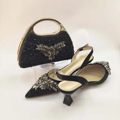 New Itlian Design Brown Color Rhinestone High Heel Shoe And Bag Fashion Style Pointed-Toe Shoes For Party Occasions