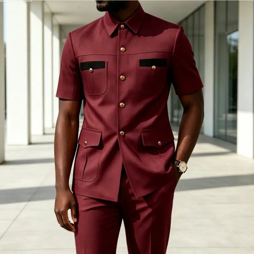 Luxury Men Suit Short Sleeves Safari Suit 2 Pieces Black Contrast Pockets Gold Button Business Wedding Party Casual Blazer Pants