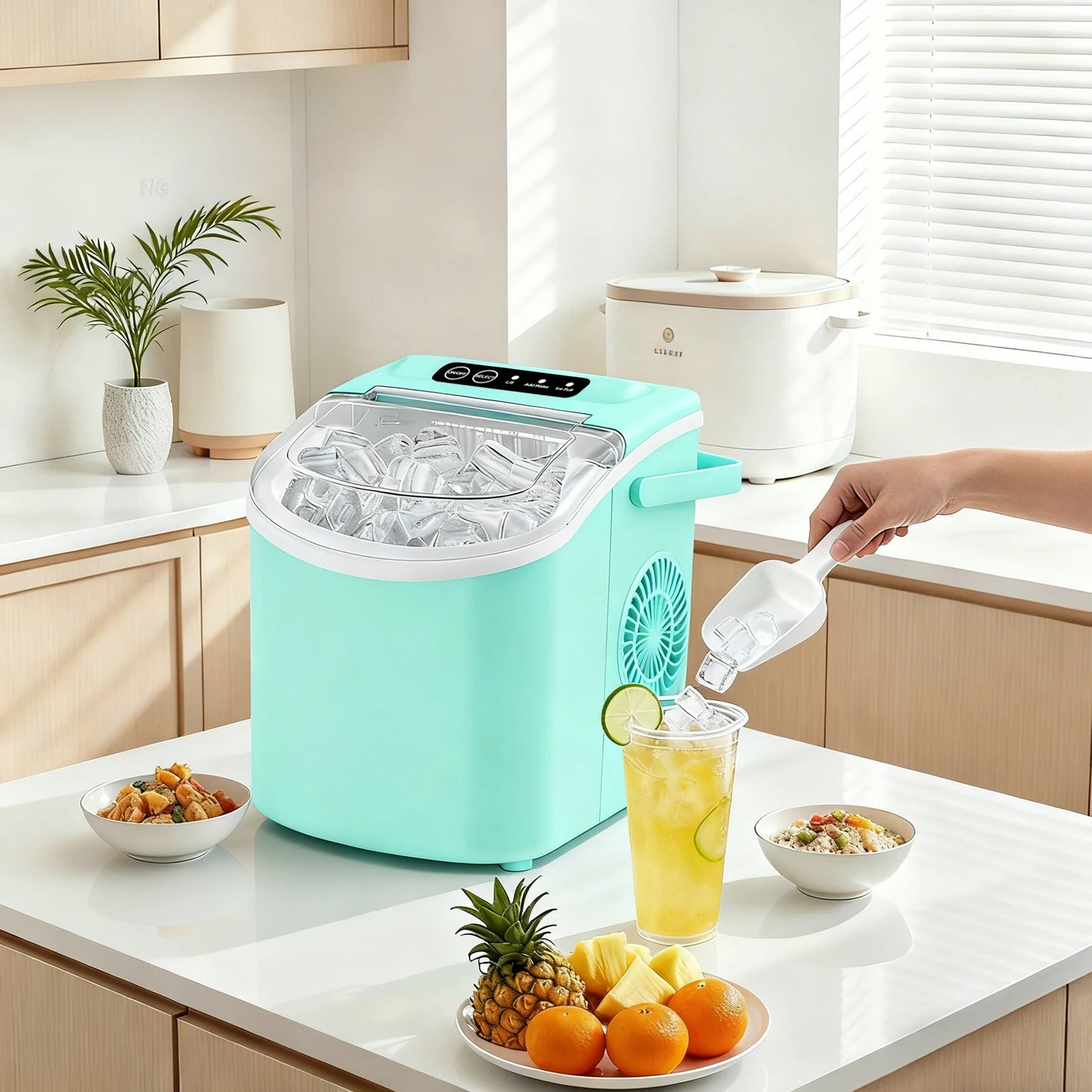 Portable ice maker that produces 9 ice cubes in 6 minutes. Daily ice production capacity: 35 pounds.GREEN