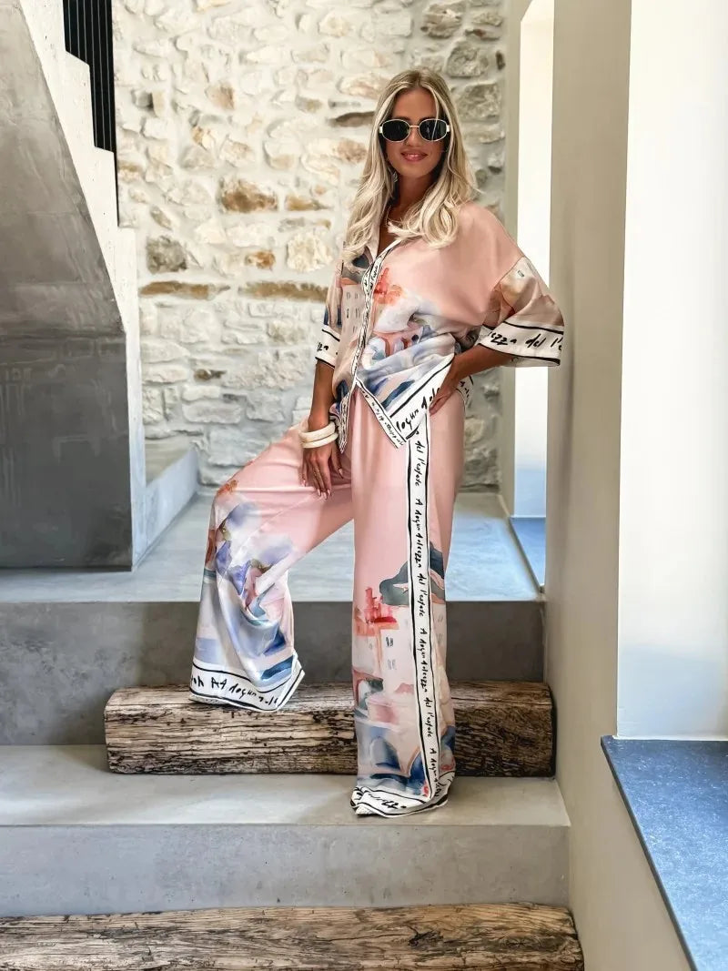 Autumn New Half-sleeved Printed Shirt Trousers For Women 2-piece Set Loose Simple Casual Elegant Female Streetwear Trousers Suit