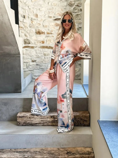 Autumn New Half-sleeved Printed Shirt Trousers For Women 2-piece Set Loose Simple Casual Elegant Female Streetwear Trousers Suit