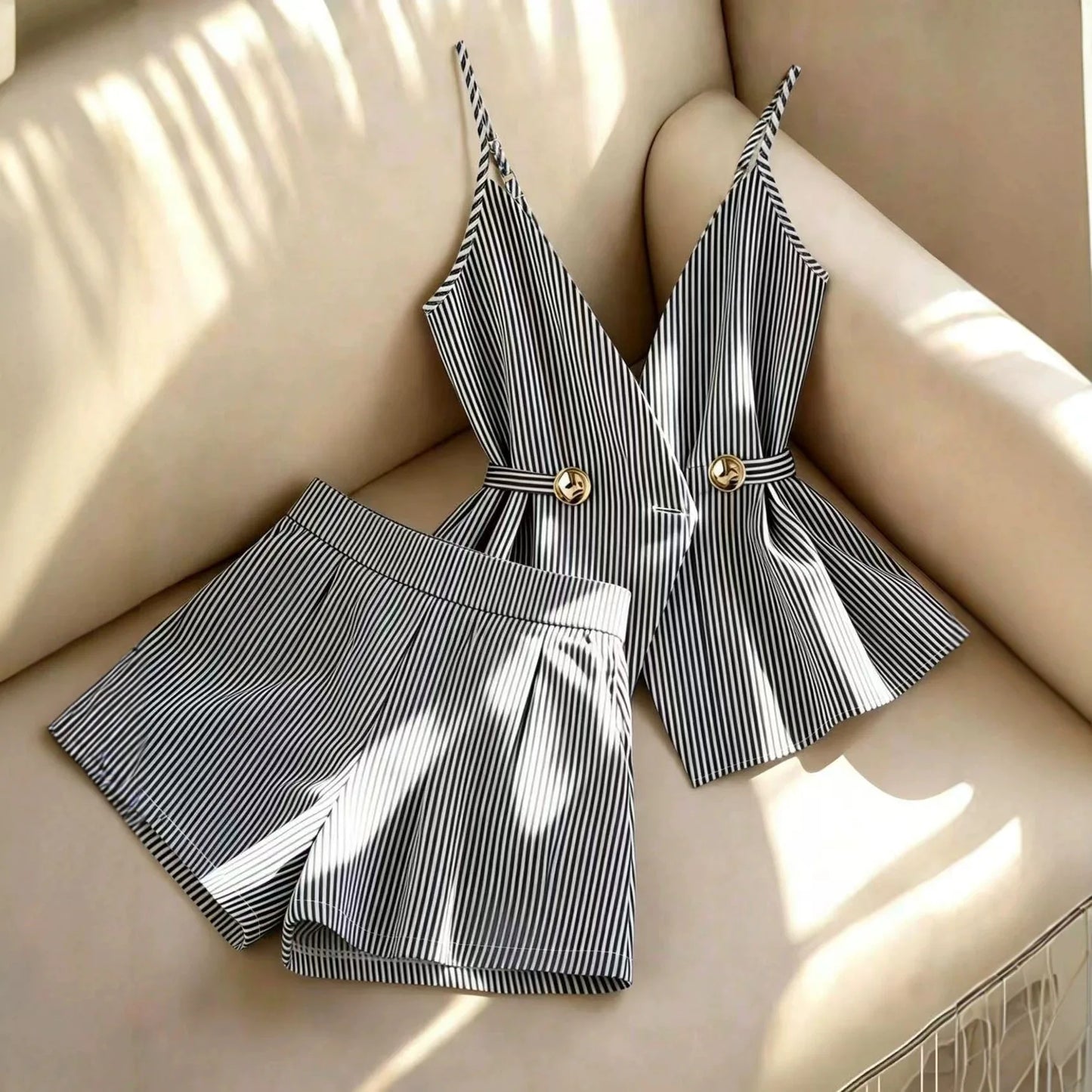 Women Striped 2 Piece Set V-neck Top Lace Up High Waist Pleated Wide Leg Shorts Summer Fashion Office Ladies Commuting Outfit