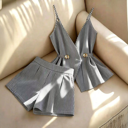 Women Striped 2 Piece Set V-neck Top Lace Up High Waist Pleated Wide Leg Shorts Summer Fashion Office Ladies Commuting Outfit