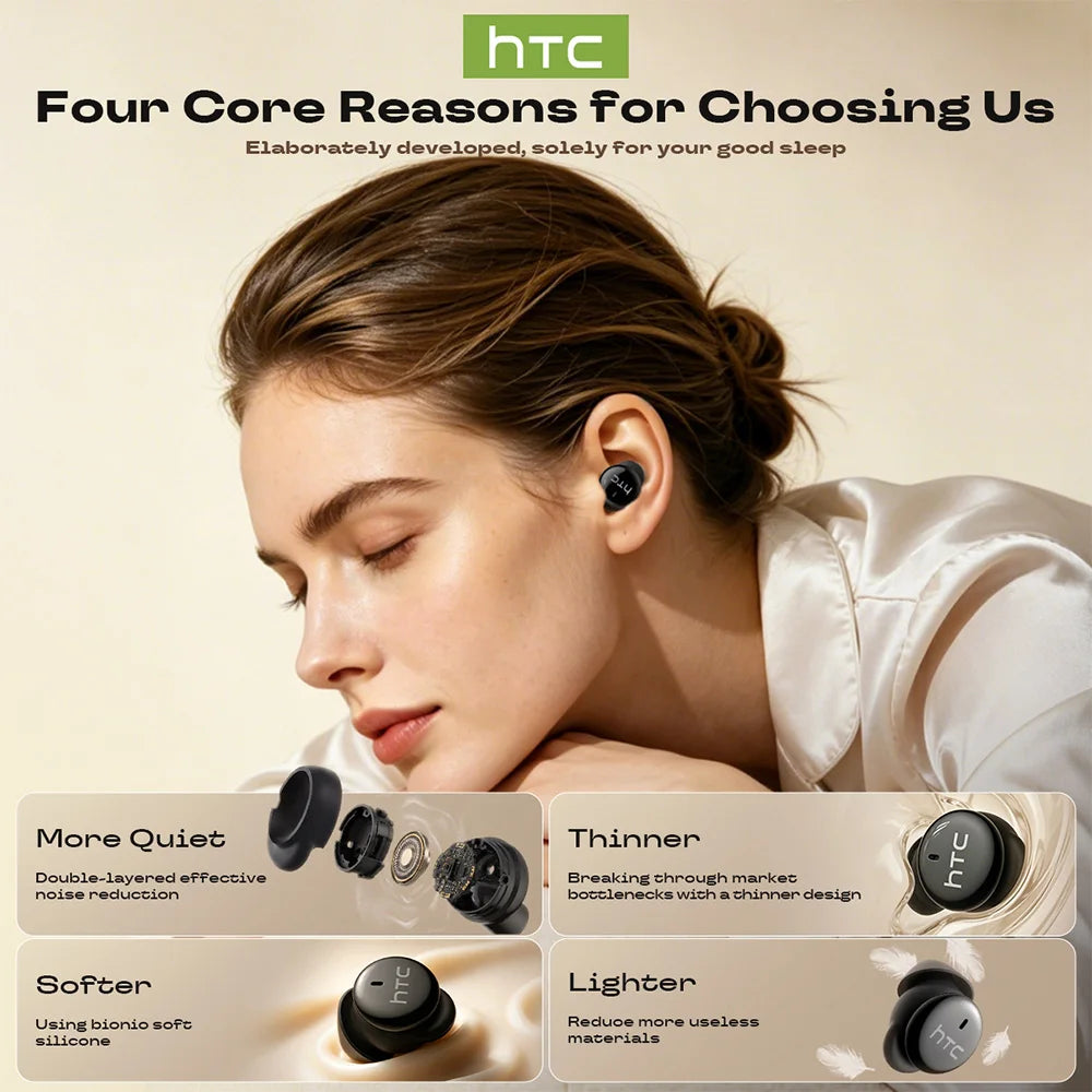 HTC NE91 Sleep Earbuds Wireless Bluetooth Earphones Comfortable To Wear Headphones ANC Noise Cancelling Low Latency Clear Sound
