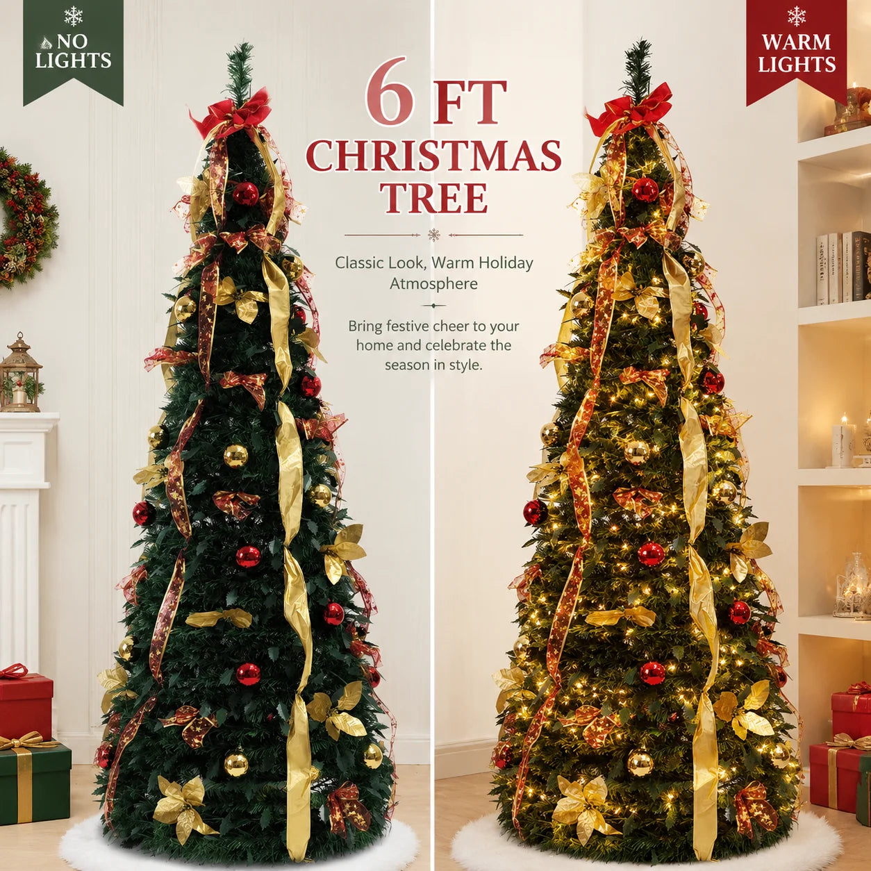 Pre Lit Pre Decorated Christmas Tree Pop Up Christmas Tree and Warm LED Lights & DIY Ornaments,Holiday Party Decorations