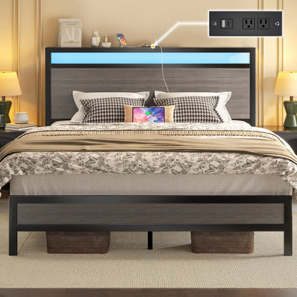 Fluest Queen Bed Frame with Headboard & Footboard, Bed Frame with Built-in Charging Station LED Light, Storage Shelf，Customized