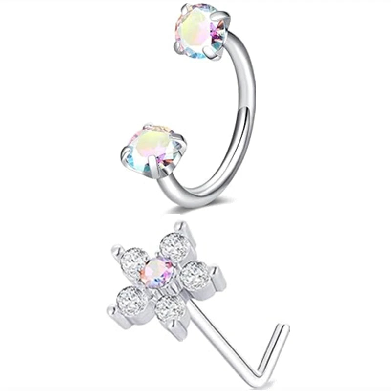 6/2pcs Horseshoe Nose Rings With L-Shape Nose Stud, Stainless Steel Rianbow CZ Nose Ring,, Lip Eyebrow Helix Ear Piercing