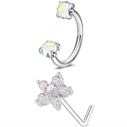 6/2pcs Horseshoe Nose Rings With L-Shape Nose Stud, Stainless Steel Rianbow CZ Nose Ring,, Lip Eyebrow Helix Ear Piercing