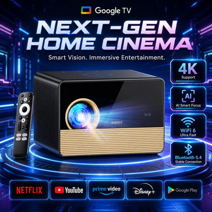 XIWBSY X06 Google TV Projector with TV Stick 3600 ANSI Native 1080P 4K Supported TOF Auto Focus WiFi6 BT5.4 Home Theater