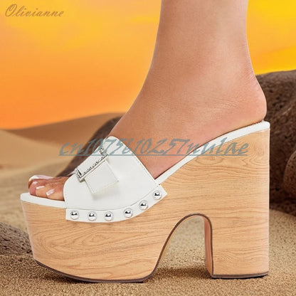 Front Buckle Belt Strap Elegant Outside Slippers Thickness Chunky High Heel Stde Round Rivets Summer Zapatos Para Mujere 2026