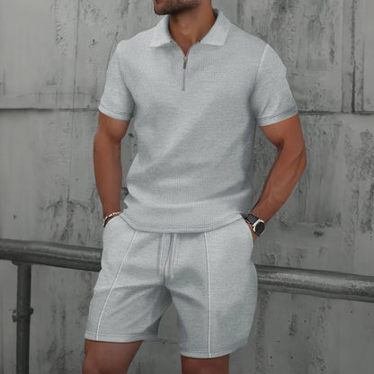 Men's Summer Waffle Short-Sleeve Suit Shorts Zip-Up Lapel Solid Color Two Sets Europe And US Style 2026