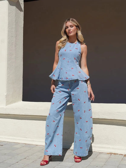 Denim Printed Sleeveless Pants  2-piece Set Women's Elegant Round Neck Fashion Short Shirt Long Pants Suit 2026 Street Outfit