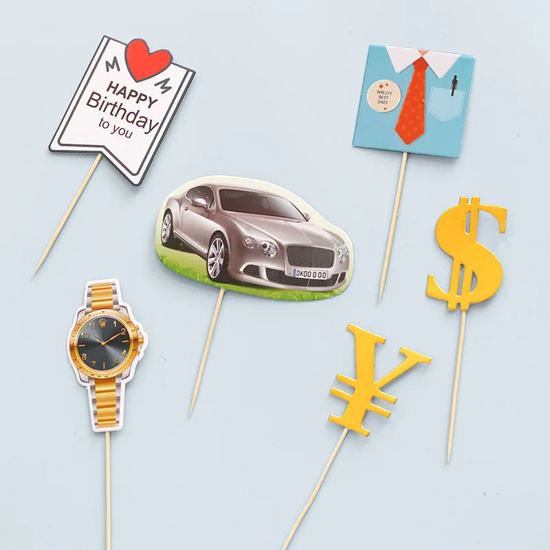 5pcs/set Cake Topper Car Money Wristwatch DIY Cake Cupcake Toppers Boys Men Happy Birthday Party Wedding Dessert Decor Flags New